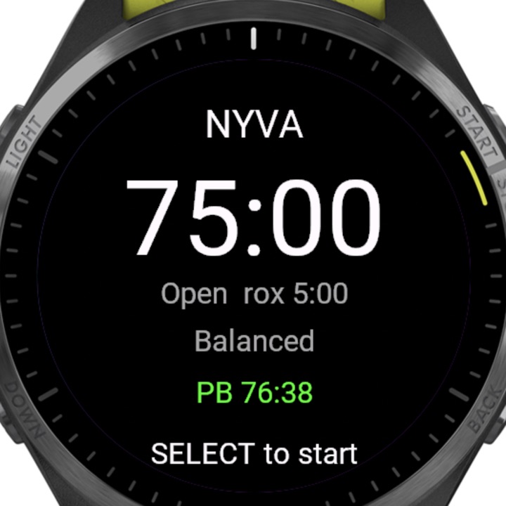 NYVA on a Garmin Forerunner showing a 75:00 target, Open category, 5:00 transition budget and a personal best of 76:38