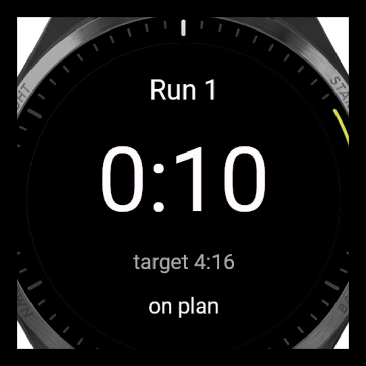 The watch showing Run 1 at 0:10 against a target of 4:16, reading on plan