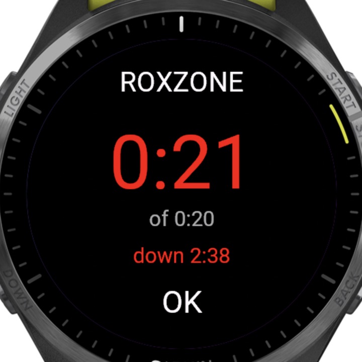 The watch showing the transition timer at 0:21 against a 0:20 budget, in red, the race 2:38 down